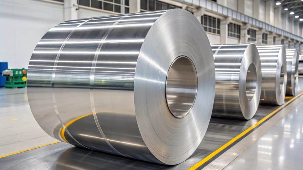 An airplane under construction in a hangar, highlighting its aluminum frame and fuselage.